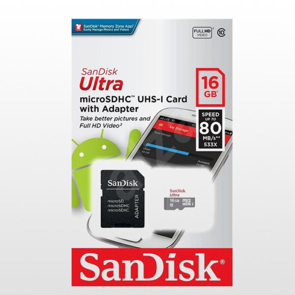 کارت حافظه سندیسک Sandisk Micro SD16 GB 80 MB/S 533X+Adaptor